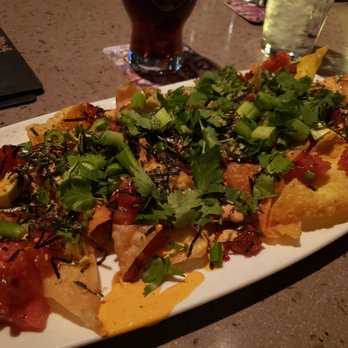 Yard House - Ahi Poke Nachos with a Hacker-Pschorr Dunkel beer (amber) - Bars Near Me - Pasadena, California Yard House - Ahi Poke Nachos with a Hacker-Pschorr Dunkel beer (amber) - Bars Near Me - Pasadena, California