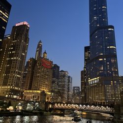 Chicago Riverwalk - Trump tower dominates the skyline looking west.
