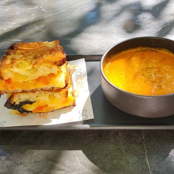 Solbar - Warm Heirloom Tomato Soup and Cowgirl Creamery Wagon Wheel Grilled Cheese. - New American Near Me - Calistoga, California Solbar - Warm Heirloom Tomato Soup and Cowgirl Creamery Wagon Wheel Grilled Cheese. - New American Near Me - Calistoga, California