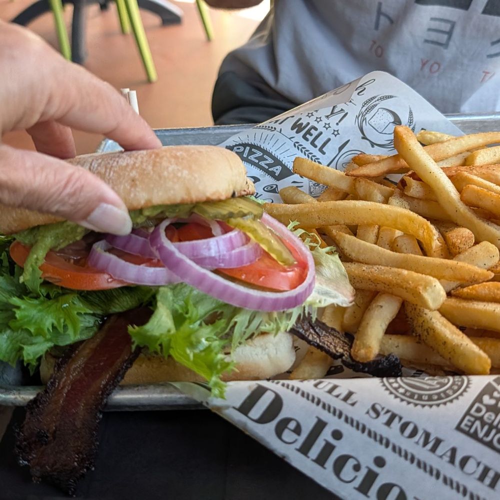 The Oink Cafe - Tucson - California Chix $14.99 Grilled breast, Jalapeno Bacon (choice 5 kinds) avo, LOT on ciabatta bun. Stacks crispy fries -Winner! - Breakfast & Brunch Near Me - Tucson, Arizona The Oink Cafe - Tucson - California Chix $14.99 Grilled breast, Jalapeno Bacon (choice 5 kinds) avo, LOT on ciabatta bun. Stacks crispy fries -Winner! - Breakfast & Brunch Near Me - Tucson, Arizona