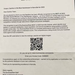 Santinos - I received this award in the mail from Google for all 5 star reviews! If you need a cut and style call me at 206-384-1535!