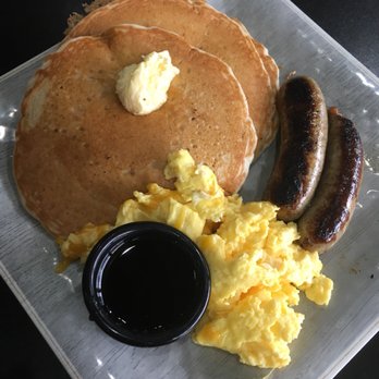 The 5 Spot Cafe - Pancakes and eggs with chicken sausage - American Near Me - Buford, Georgia The 5 Spot Cafe - Pancakes and eggs with chicken sausage - American Near Me - Buford, Georgia