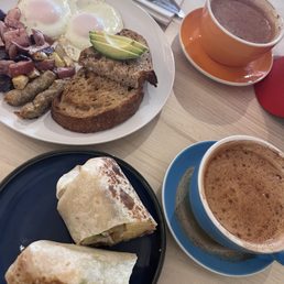 Our 2-eggs, chicken sausage and toast breakfast, breakfast burrito and pumpkin spice chai. Our 2-eggs, chicken sausage and toast breakfast, breakfast burrito and pumpkin spice chai.