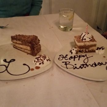 Lucerne Restaurant - Mocha crunch cake with an L for Lucerne and tiramisu with a birthday wish. - Italian Near Me - Camarillo, California Lucerne Restaurant - Mocha crunch cake with an L for Lucerne and tiramisu with a birthday wish. - Italian Near Me - Camarillo, California