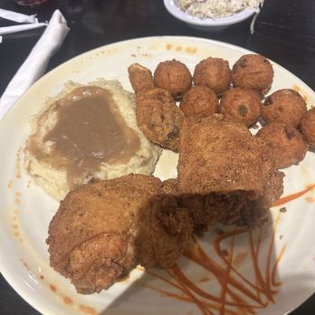 Page's Okra Grill - Fried chicken dinner, mashed potatoes and gravy, and hushpuppies. - Southern Near Me - Mount Pleasant, South Carolina Page's Okra Grill - Fried chicken dinner, mashed potatoes and gravy, and hushpuppies. - Southern Near Me - Mount Pleasant, South Carolina