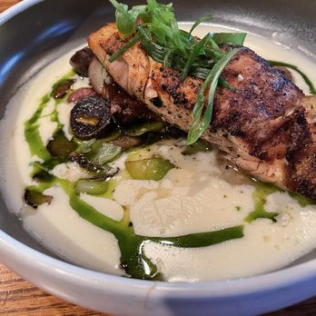 Whiskey Cake - Salmon with scallion broth - New American Near Me - Plano, Texas