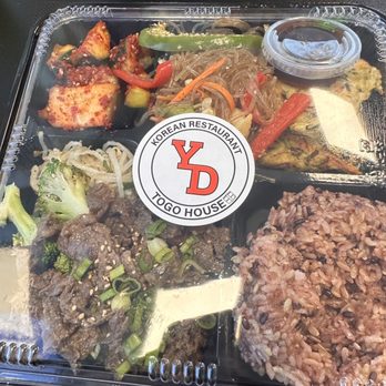 YD Togo Korean BBQ - 4 item plate. Beef bulgogi, brown rice, japchae, Korean pancake, cucumber kimchi - Korean Near Me - Sacramento, California