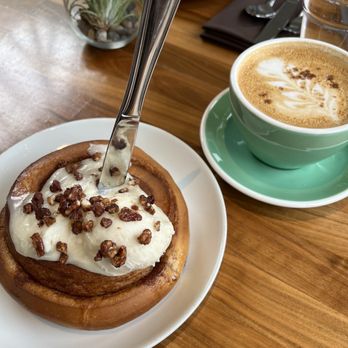 Cafe Flora - Cinnamon roll, $10 (good) and pumpkin spice latte, $8 (okay, but for the price wouldn't get again). - Vegetarian Near Me - Seattle, Washington