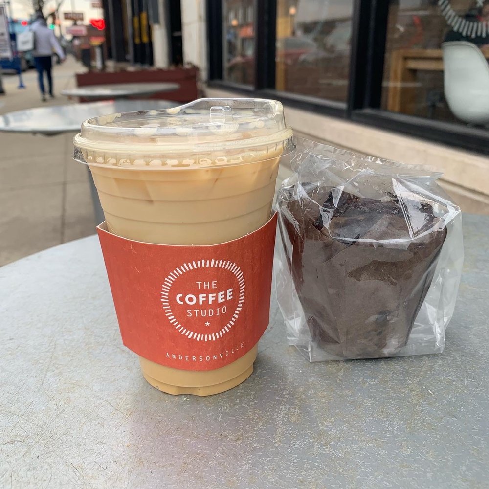 Iced Vanilla Oatmilk Latte and Double Chocolate Chips Muffin. Iced Vanilla Oatmilk Latte and Double Chocolate Chips Muffin.