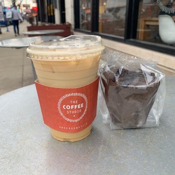 The Coffee Studio - Iced Vanilla Oatmilk Latte and Double Chocolate Chips Muffin. - Coffee & Tea Near Me - Chicago, Illinois