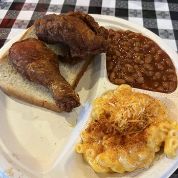Gus's World Famous Fried Chicken - Austin - Two dark meat, Mac n cheese, and beans - Southern Near Me - Austin, Texas