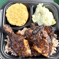 Mercy's Jamaican Kitchen - Jerk chicken, rice and peas, potato salad, corn muffin