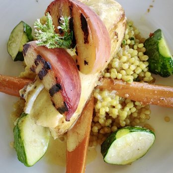 The Restaurant at Ponte - Halibut, grilled peach with summer veggies and couscous - New American Near Me - Temecula, California The Restaurant at Ponte - Halibut, grilled peach with summer veggies and couscous - New American Near Me - Temecula, California