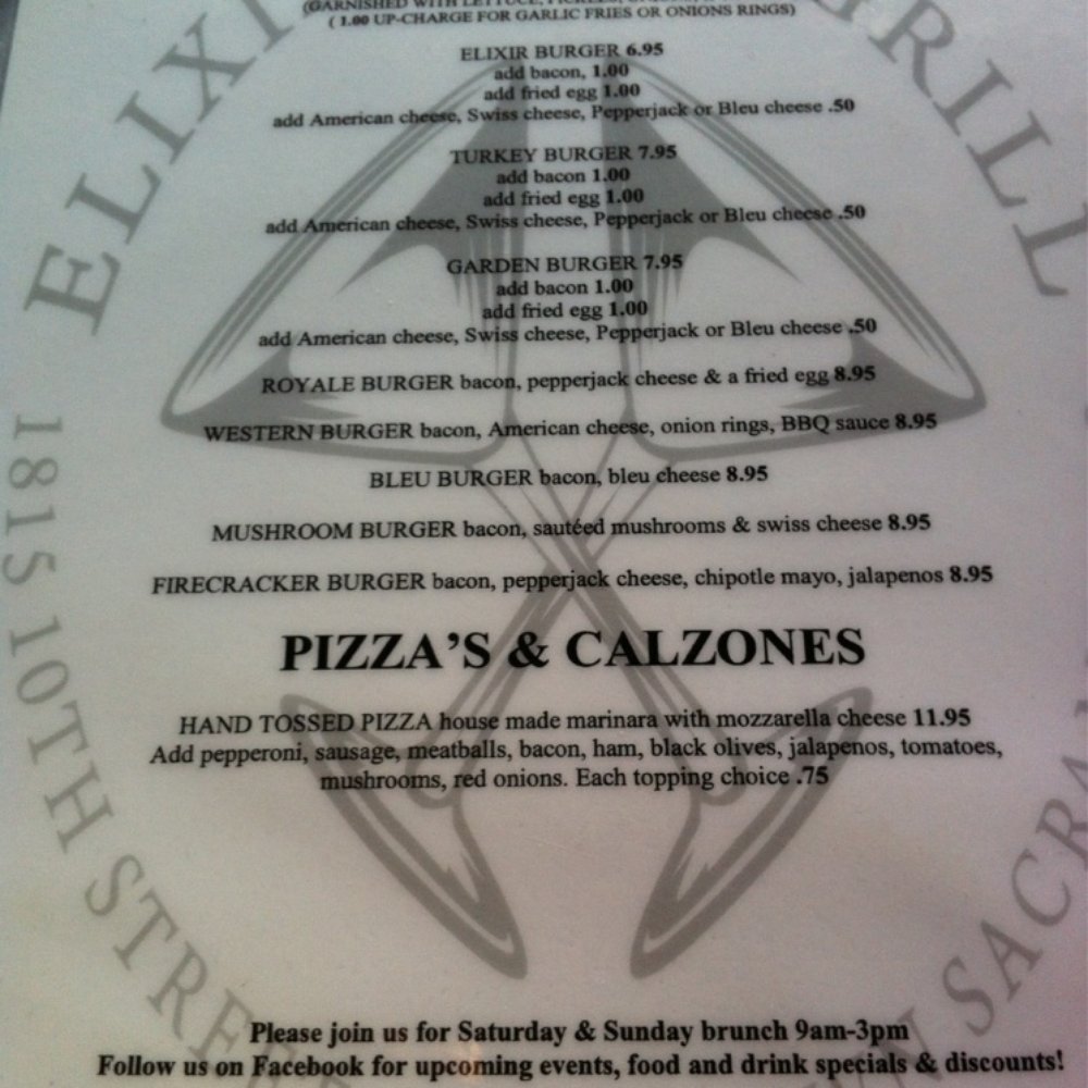 Elixir Bar & Grill - Burger Menu - Burgers Near Me - Sacramento, California