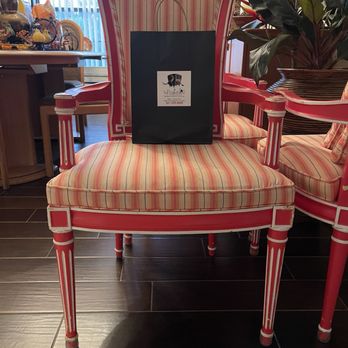 The Painted Ox - One of four orange chairs. Painted ox fixed the leg on this chair. - Furniture Reupholstery Near Me - West Palm Beach, Florida
