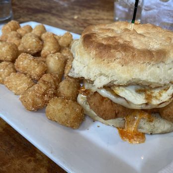 Fardowners Restaurant - Parking Lot with tots, 2 chicken tenders with over easy eggs and buffalo sauce - Burgers Near Me - Crozet, Virginia Fardowners Restaurant - Parking Lot with tots, 2 chicken tenders with over easy eggs and buffalo sauce - Burgers Near Me - Crozet, Virginia
