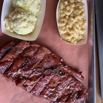 Steve's Old Cabin BBQ - Pork steak with Mac n cheese and potatoes salad. - Barbeque Near Me - Jerseyville, Illinois Steve's Old Cabin BBQ - Pork steak with Mac n cheese and potatoes salad. - Barbeque Near Me - Jerseyville, Illinois