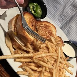 Mystic Cafe - Turkey melt with shoestring fries. Jalapeños on the side.