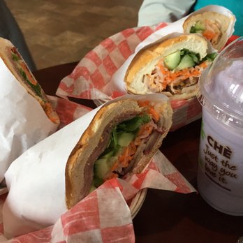 BAMBU - Taro smoothie; chicken bahn mi at top, BBQ pork bahn mi on bottom - Bubble Tea Near Me - Stony Brook, New York