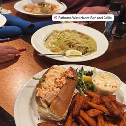 Lobster Salad Roll, Shrimp Scampi and Pesto Scallop linguine pasta Lobster Salad Roll, Shrimp Scampi and Pesto Scallop linguine pasta