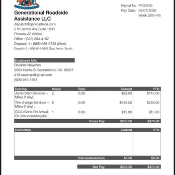 Generational Roadside Assistance - This was one of my paystub's as you could see there is no taxes no mileage that was added, and also those are incorrect charges - Roadside Assistance Near Me - Phoenix, Arizona