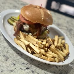 Beef Baron - 8 oz Angus bacon mushroom burger with fresh-cut fries