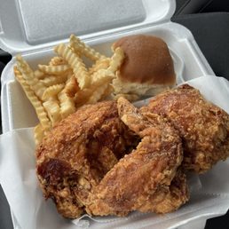 4pc broasted chicken w/ fries and a roll. 4pc broasted chicken w/ fries and a roll.