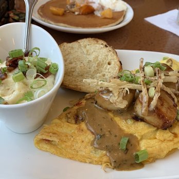 Another Broken Egg Cafe - Seared Scallop Omelet and peach cobbler pancake - Breakfast & Brunch Near Me - Dunwoody, Georgia Another Broken Egg Cafe - Seared Scallop Omelet and peach cobbler pancake - Breakfast & Brunch Near Me - Dunwoody, Georgia
