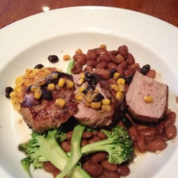 This is the pork entrée. It comes with pork, corn & black bean salsa, beans, broccoli, and a corn cake. Excellent meal! Bravo! This is the pork entrée. It comes with pork, corn & black bean salsa, beans, broccoli, and a corn cake. Excellent meal! Bravo!