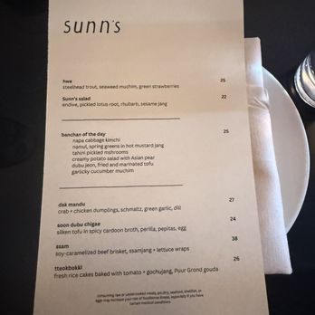 Sunn’s - Menu on April 5, 2026 - Wine Bars Near Me - New York, New York