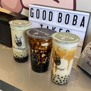 BLVCK Boba Tea - Left is the 09. Uji Matcha Latte with Cheese Foam Middle molasses 1. BLVCK Boba Milk Tea  Last is 4. Hokkaido Milk Tea - Bubble Tea Near Me - Tucson, Arizona