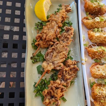 Kawa Sushi - Fried Calamari Skewers & Soy Garlic Gyoza - August 2022 - Sushi Bars Near Me - Rockford, Michigan Kawa Sushi - Fried Calamari Skewers & Soy Garlic Gyoza - August 2022 - Sushi Bars Near Me - Rockford, Michigan
