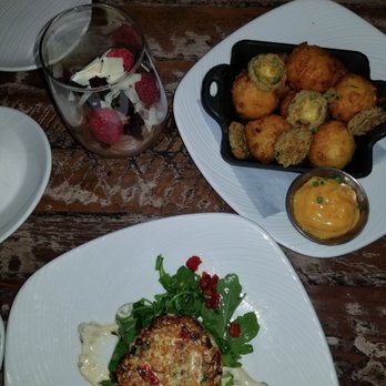 Waters Texas - Crab cake, hush puppies and the cup is chocolate mousse - Seafood Near Me - Fort Worth, Texas Waters Texas - Crab cake, hush puppies and the cup is chocolate mousse - Seafood Near Me - Fort Worth, Texas