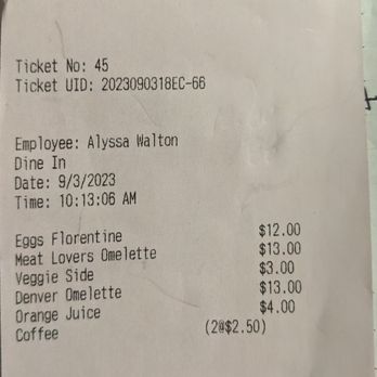 The Villager Coffee Shop - Our receipt for three people including breakfast and drinks. - Coffee & Tea Near Me - Blue Jay, California