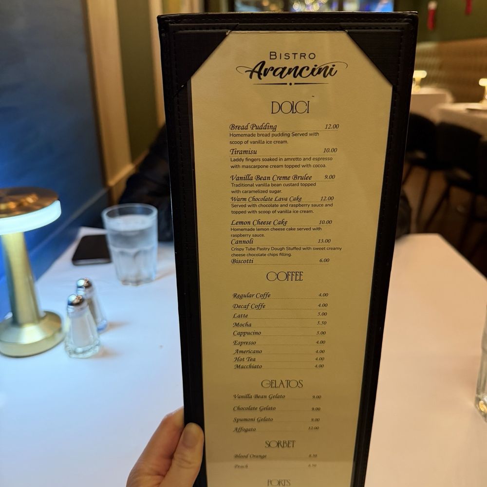 Bistro Arancini - dessert menu - Italian Near Me - Burlingame, California