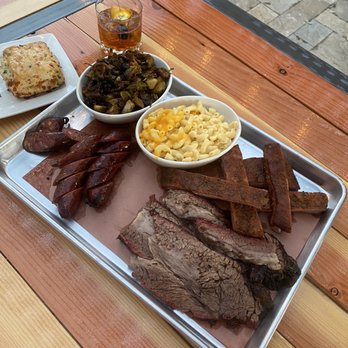 OAK'D BBQ - Jalapeño cheddar biscuit, Brussels sprouts, Mac and cheese, pork ribs, Wagyu beef brisket, jalapeño cheddar Wagyu sausage. - Barbeque Near Me - Dallas, Texas