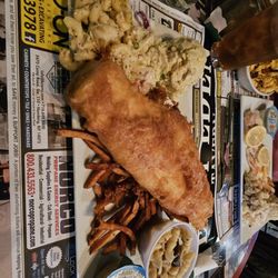 East Eden Tavern & Smoke House - Beer battered fish fry, hand cut fries, lazy perogi, mac salad, cole slaw and potato salad.