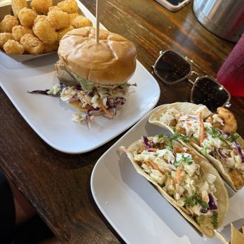 Cowgirl Kitchen - Gulf Fish Sandwich with tater tots and Drunken Shrimp Tacos - American Near Me - Rosemary Beach, Florida