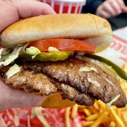 Double hamburger no cheese, Freddy's special fry sauce, grilled onions, lettuce, and pickles.