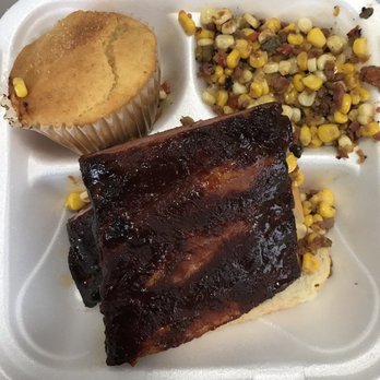 Swine Dining BBQ - 6 bone 1/2 slab of St. Louis-style ribs, corn bread, and Corn of the Day (corn mixed w/ onions, peppers & sausage) - Barbeque Near Me - Bellevue, Nebraska Swine Dining BBQ - 6 bone 1/2 slab of St. Louis-style ribs, corn bread, and Corn of the Day (corn mixed w/ onions, peppers & sausage) - Barbeque Near Me - Bellevue, Nebraska