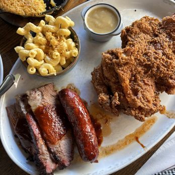 Gus's Barbecue - Chicken and Two Meat Combo (Brisket, Original Smoked Sausage, Southern Fried Chicken) - Barbeque Near Me - Claremont, California Gus's Barbecue - Chicken and Two Meat Combo (Brisket, Original Smoked Sausage, Southern Fried Chicken) - Barbeque Near Me - Claremont, California
