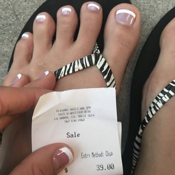 Elegant Nails & Spa - A regular mani pedi in the spa chair is priced at $32 with French. 20% tip makes it almost $39 for both. I'm happy with their work. - Nail Salons Near Me - La Habra, California Elegant Nails & Spa - A regular mani pedi in the spa chair is priced at $32 with French. 20% tip makes it almost $39 for both. I'm happy with their work. - Nail Salons Near Me - La Habra, California
