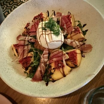 Lenoir - Buffalo Mozzarella appetizer with Prosciutto and Peaches - Southern Near Me - Charleston, South Carolina Lenoir - Buffalo Mozzarella appetizer with Prosciutto and Peaches - Southern Near Me - Charleston, South Carolina
