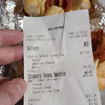 Boston Pizza Grill - It says turkey sub. But there is legit no turkey. Also they said it was a pick up. You can clearly see the delivery charge. - Pizza Near Me - Boston, Massachusetts Boston Pizza Grill - It says turkey sub. But there is legit no turkey. Also they said it was a pick up. You can clearly see the delivery charge. - Pizza Near Me - Boston, Massachusetts