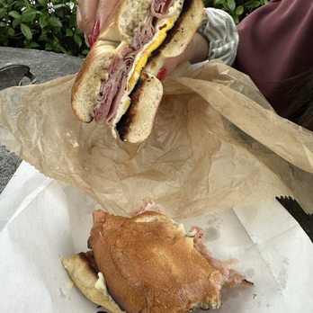 Schmagel's Bagels - Boars head maple ham, egg and cheese on a twice toasted plain bagel. - Bagels Near Me - Saint Augustine, Florida Schmagel's Bagels - Boars head maple ham, egg and cheese on a twice toasted plain bagel. - Bagels Near Me - Saint Augustine, Florida