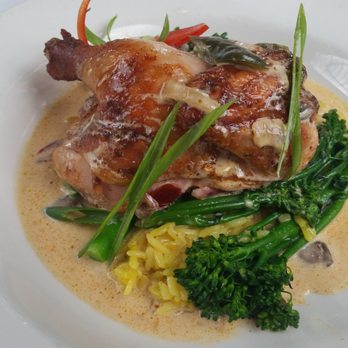 Santacafé - Roast Cornish Hen w/ Saffron Rice, Broccolini & Crimini Mushroom Chipotle Cream-Excellent! - Cafes Near Me - Santa Fe, New Mexico Santacafé - Roast Cornish Hen w/ Saffron Rice, Broccolini & Crimini Mushroom Chipotle Cream-Excellent! - Cafes Near Me - Santa Fe, New Mexico