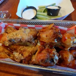 21 Burgers & Wings of Poughkeepsie - Large wings (14), sweet chili tehi (right) & buttery garlic Parmesan