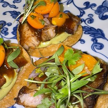 Tavern - The pork belly tostadas (street tacos) with a gooseberry demi-glaze - New American Near Me - Coronado, California Tavern - The pork belly tostadas (street tacos) with a gooseberry demi-glaze - New American Near Me - Coronado, California