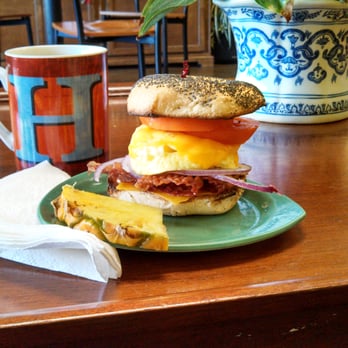 Kalia Cafe - Keawakapu bagel sandwich (aka "the tower of power"), best savored together with a cup of the house blend (best coffee in Kihei!) - Coffee & Tea Near Me - Kihei, Hawaii