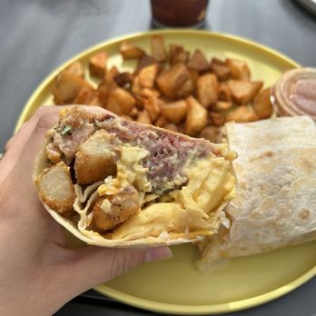 Burnt Crumbs - Breakfast Burrito with pastramk hash - New American Near Me - Irvine, California